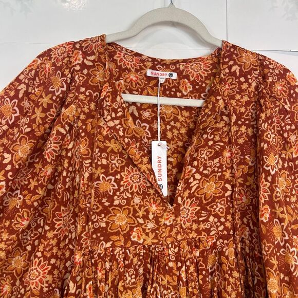 NWT Sundry Midi Dress Brown Orange Floral Cotton Boho Oversized Puff Sleeve S 1 - Picture 9 of 15